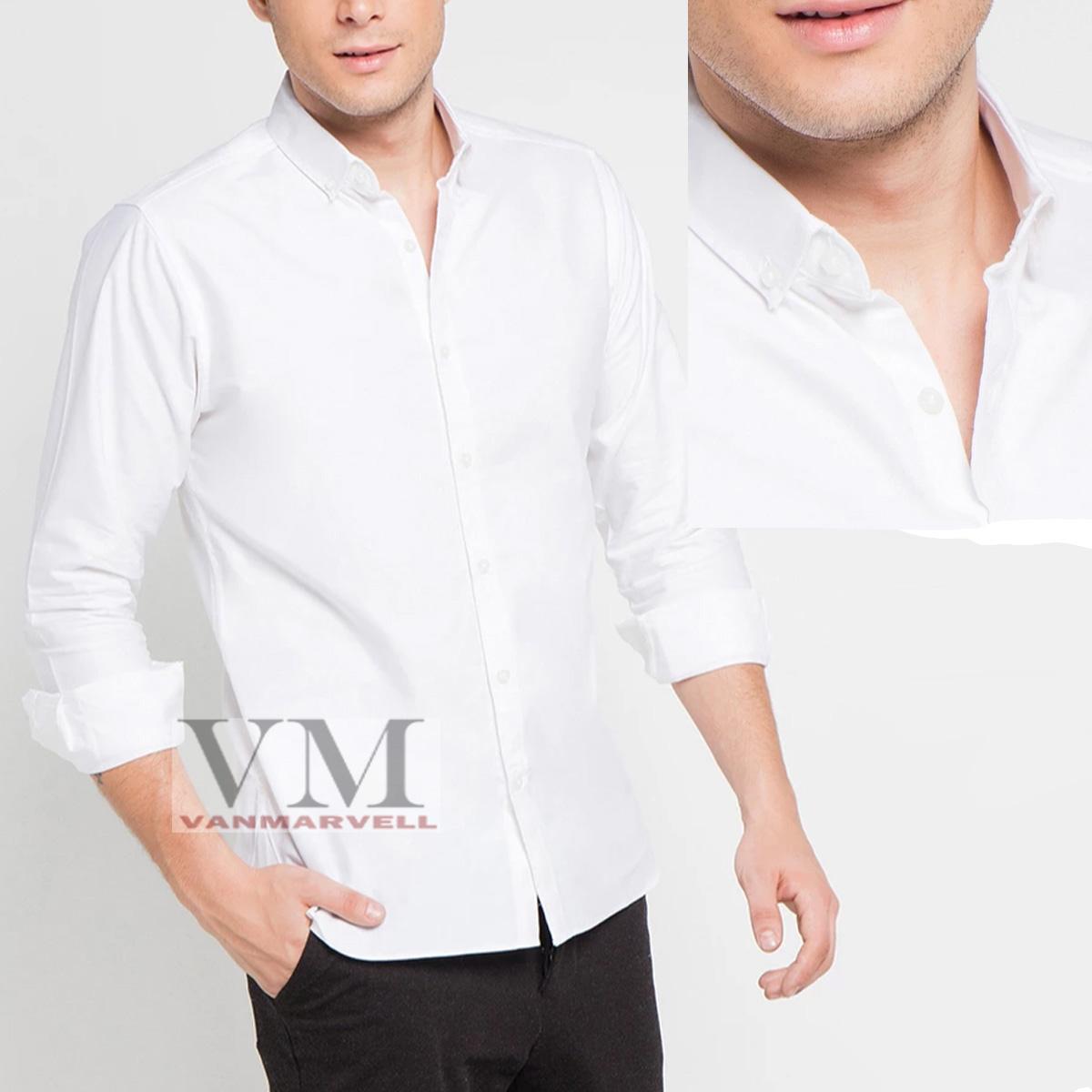 VM Kemeja Polos Putih Slimfit Panjang - Kancing leher