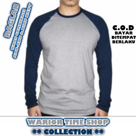 Kaos COMBINASI - KAOS RAGLAN Lengan Panjang ELEGAN PRIA Dua Warna (COMBINASI WARNA ABU-ABU & LENGAN/TANGAN WARNA BIRU NAVY)