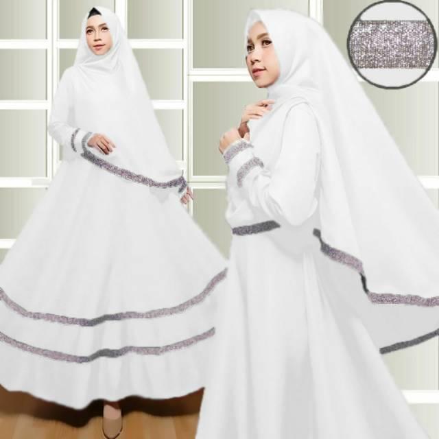 Gamis syari putih satu set sama jilbab kombinasi pita gliter cantik mewah (hitam)