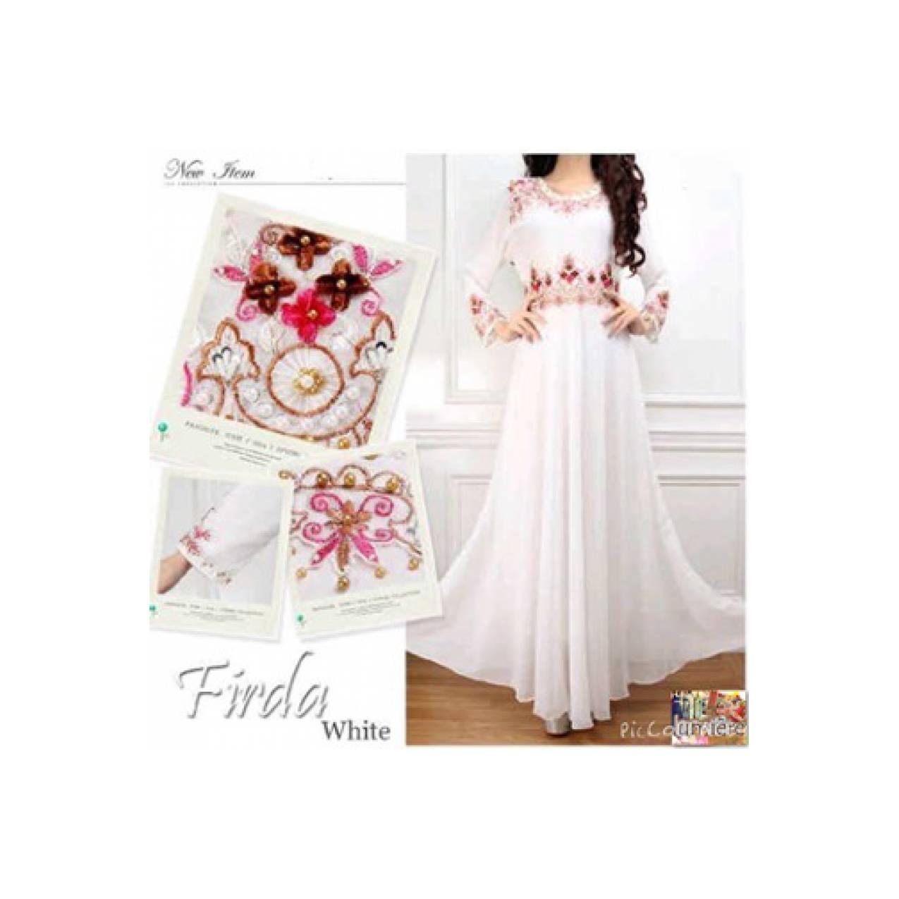 Baju Muslim Wanita Gamis Kaftan Tunik Putih Sifon Furing Payet(s-b)