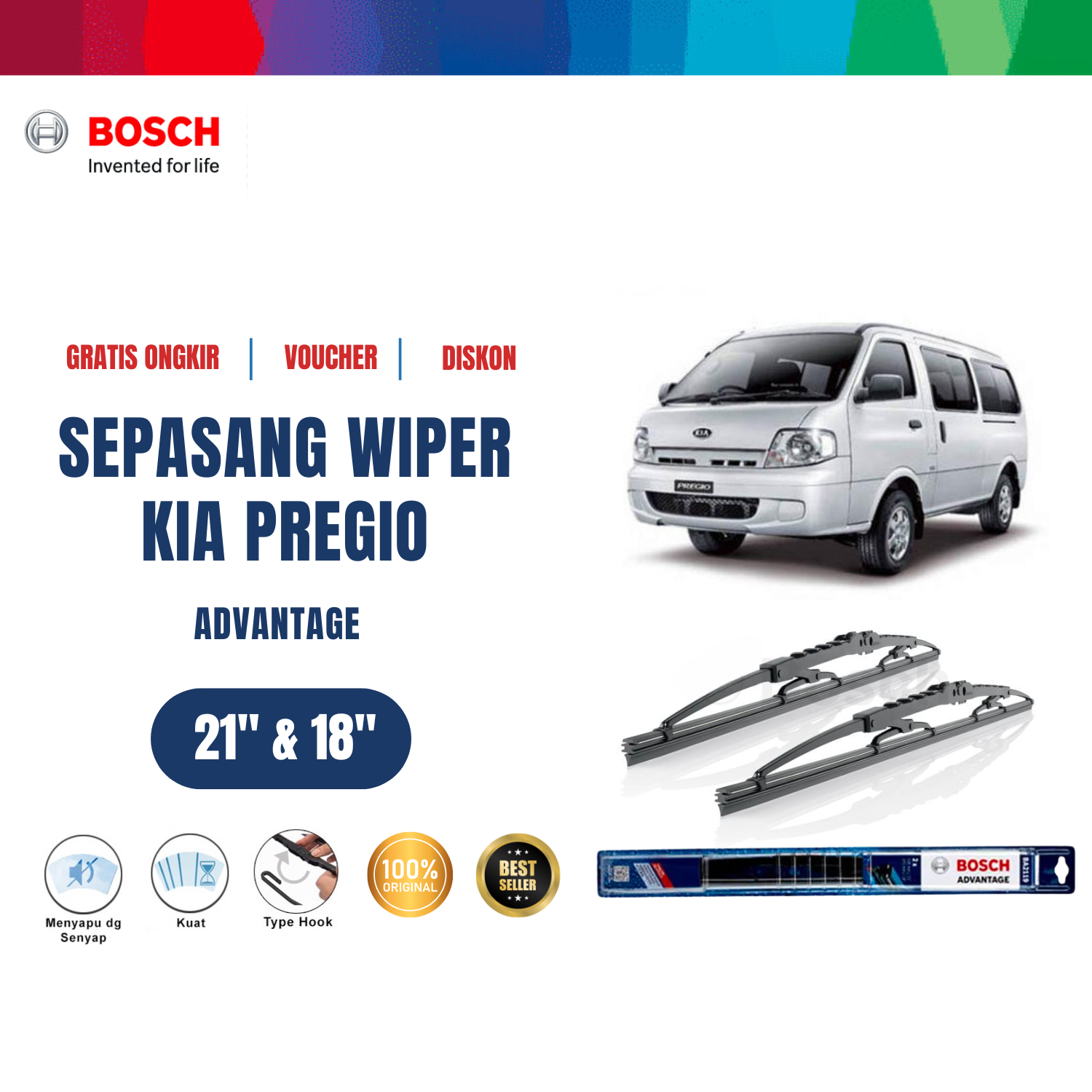 Bosch Sepasang Wiper Kaca Mobil KIA Pregio TB 1997 on Advantage 21 dan 18 inchi Harga 129,200 rupiah*Gratis Ongkir