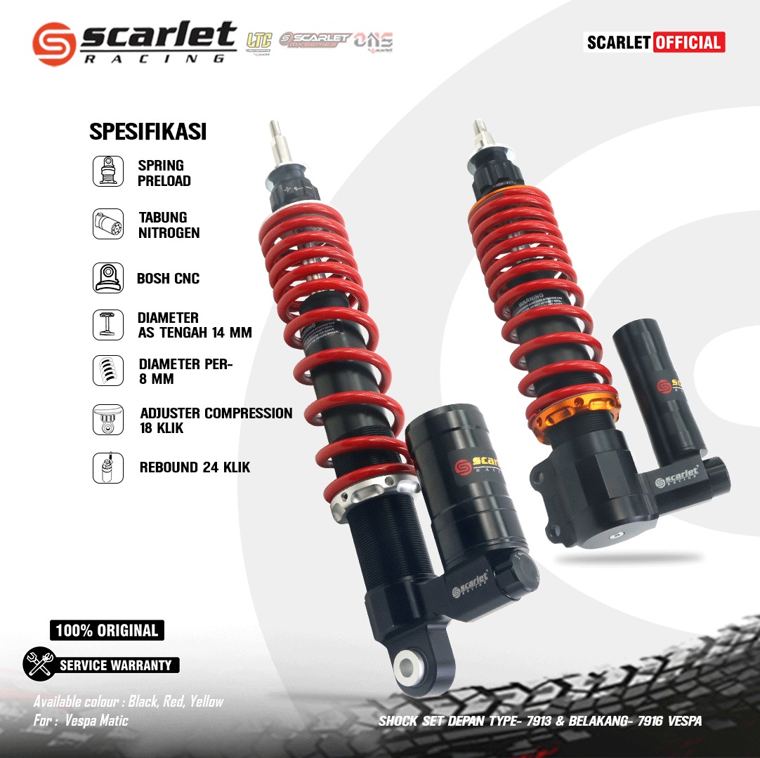 Scarlet Racing - Vespa Shock Set Front 7913 Rear 7916 Primavera Iget and Non Iget Black Red Yellow Harga 3,800,000 rupiah*Gratis Ongkir