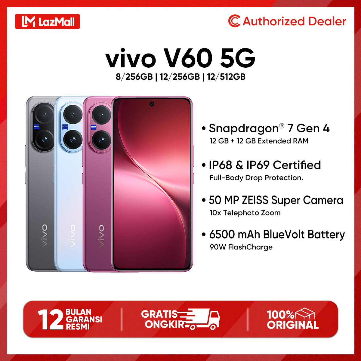 Vivo V60 5g(8/256Gb)(12/256Gb)(12/512Gb) Zeiss Multifocal Portrait Ip68/Ip69 Certified Official Guarantee Harga  6,999,000 Ringgit*Penghantaran Percuma