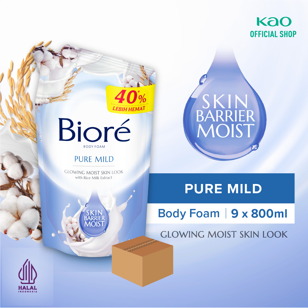 Biore Body Foam Sabun Mandi Cair Pure Mild Pouch 800ml isi 9 pcs [Karton] Harga 224,100 rupiah*Gratis Ongkir