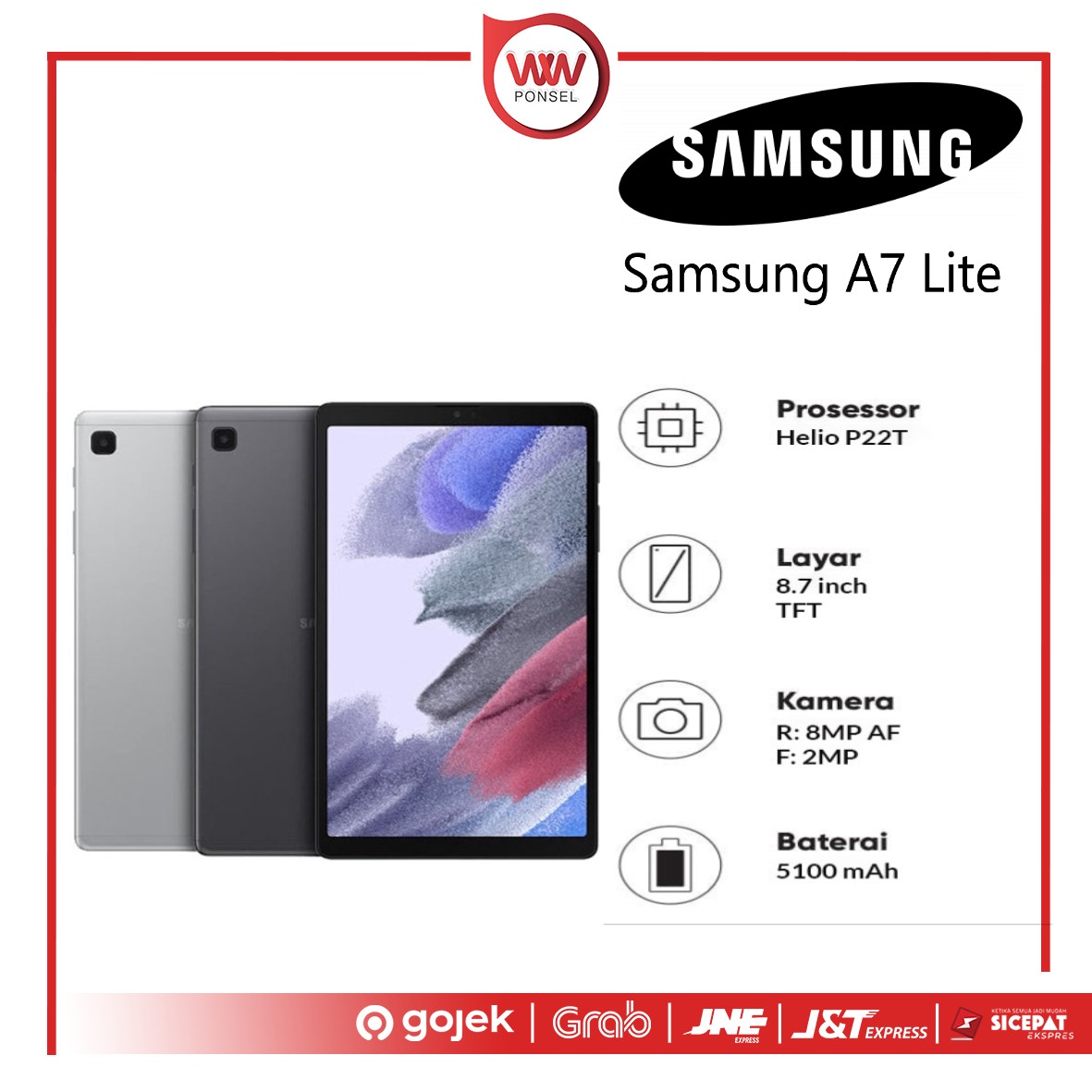 Hp Tablet Samsung A7 Lite Ram 3GB Internal 32GB Garansi Resmi Harga 2,399,000 rupiah*Gratis Ongkir