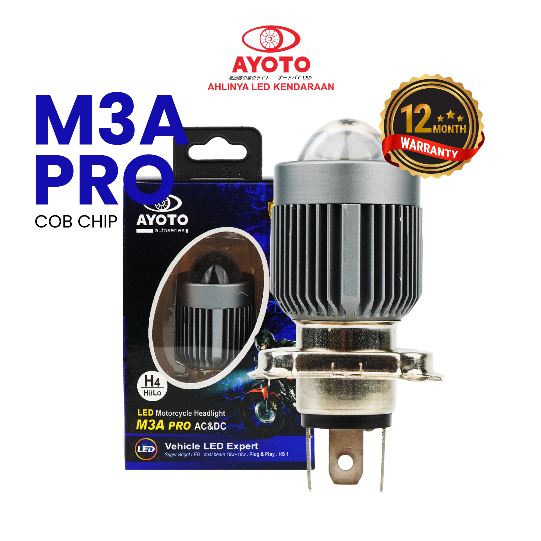 1 Buah Lampu LED Utama Motor AYOTO M3A Pro H4 Hi/Lo AC DC PNP 18W + 18W Harga 78,700 rupiah*Gratis Ongkir