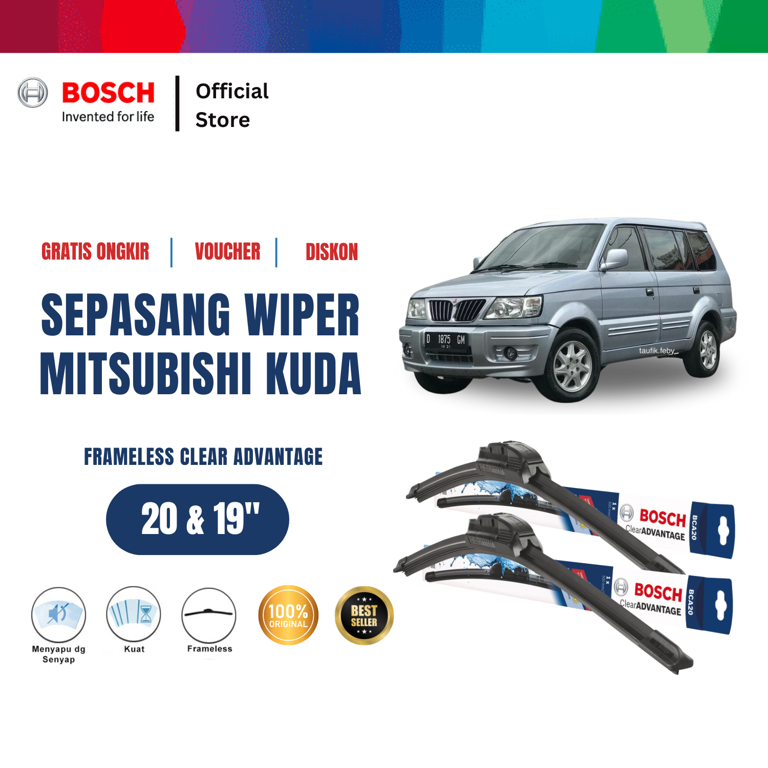 Bosch Sepasang Wiper Depan Frameless New Clear Advantage Mobil Mitsubishi Kuda (20" & 19") - 2 pcs/set Harga 208,420 rupiah*Gratis Ongkir