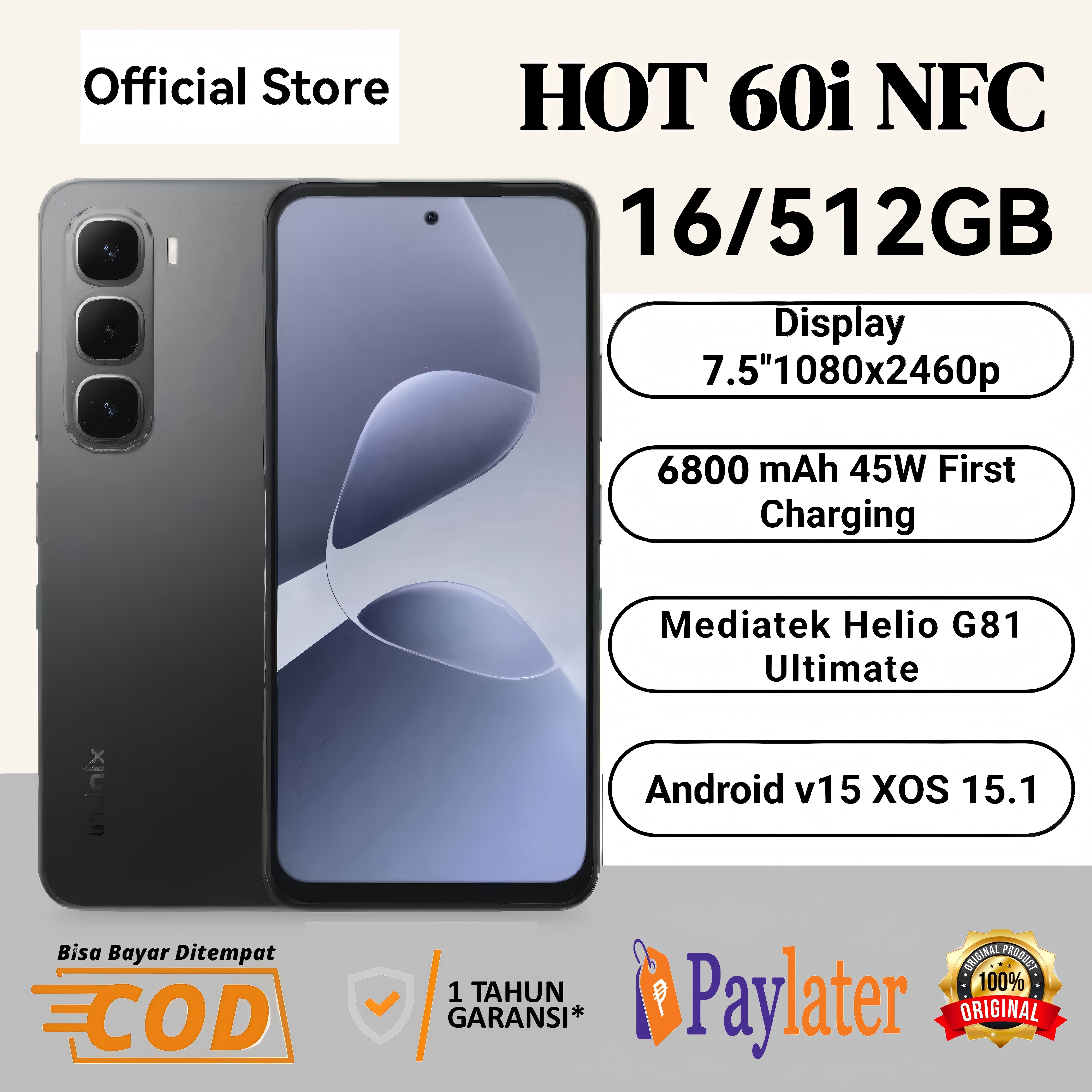 【Can co】new HP infnix hot 60i smartphone product promotion 16GB RAM + 512GB ROM 7.5inch 8000mAh 4g5g WiFi dual SIM original android13 smartphone lowest price HD camera cheap HP smartphone originals21s25 Harga 949,000 rupiah*Gratis Ongkir