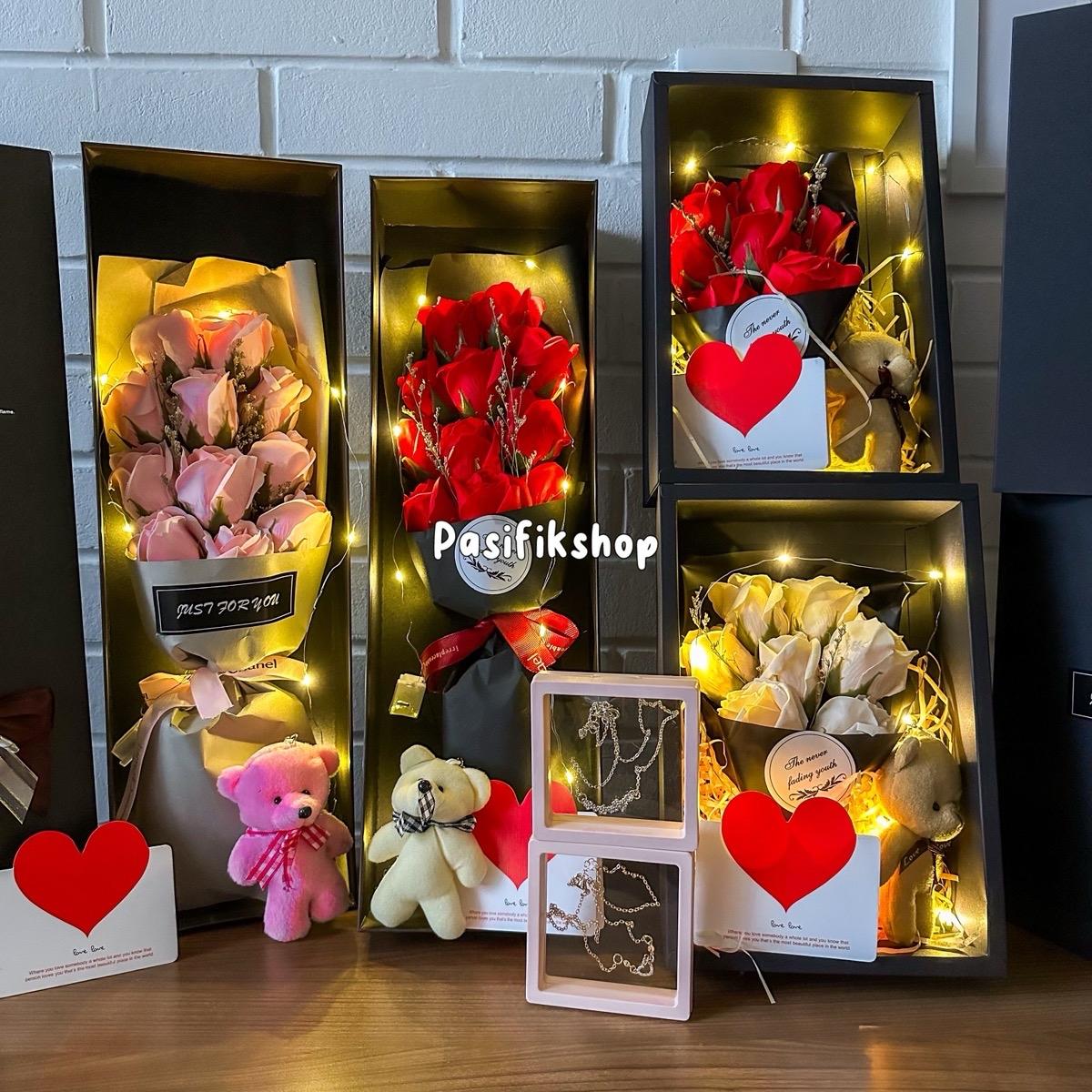 "Sign of Love: LED buket bunga with Teddy Bear & Necklace – Romantic hadiah for Anniversary, Valentine…
