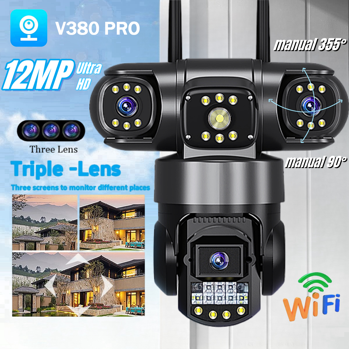 CCTV camera V380 Pro WiFi CCTV with SIM 4G 3 Lens 3 zoom screen 10x clarity 4K connect 360 ° to HP with microphone and motion detection speaker there is a color image at night CCTV dial HP distance far away Harga 229,500 rupiah*Gratis Ongkir