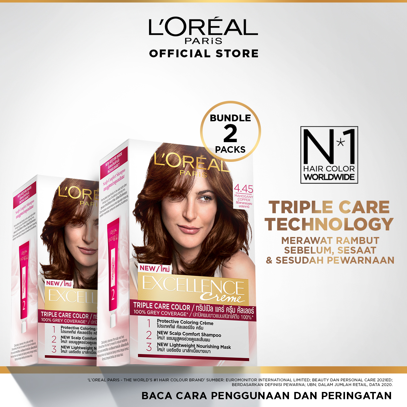 (Save pack of 2) L'Oreal Paris Excellence Creme Triple Care hair color #4.45 mahogany copper brown (permanent hair dye/dye) Harga 234,500 rupiah*Gratis Ongkir