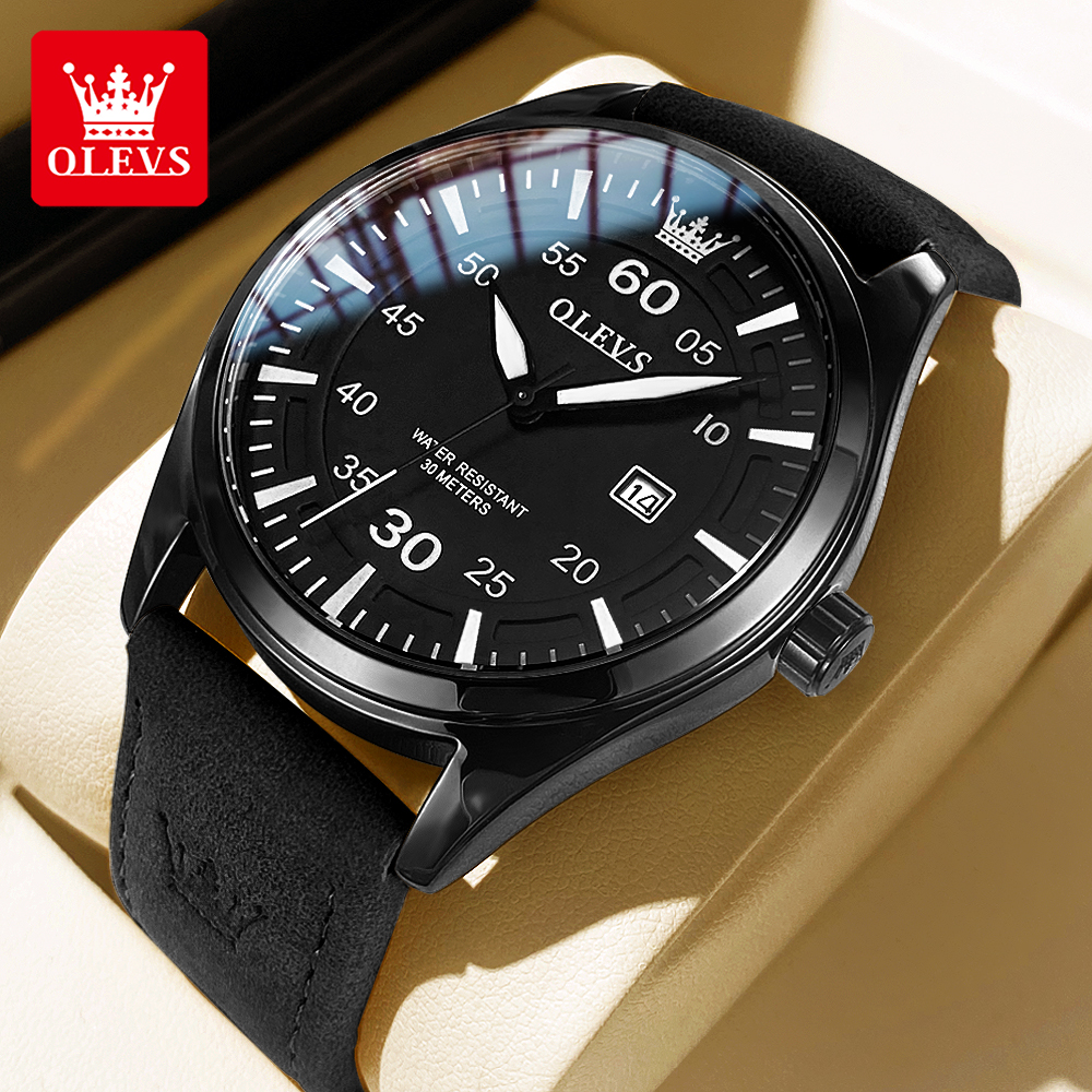 Olevs men original genuine elegant luxury adult watches 2024 waterproof calendar luminous leather strap casual digital wristwatch Harga 195,000 rupiah*Gratis Ongkir