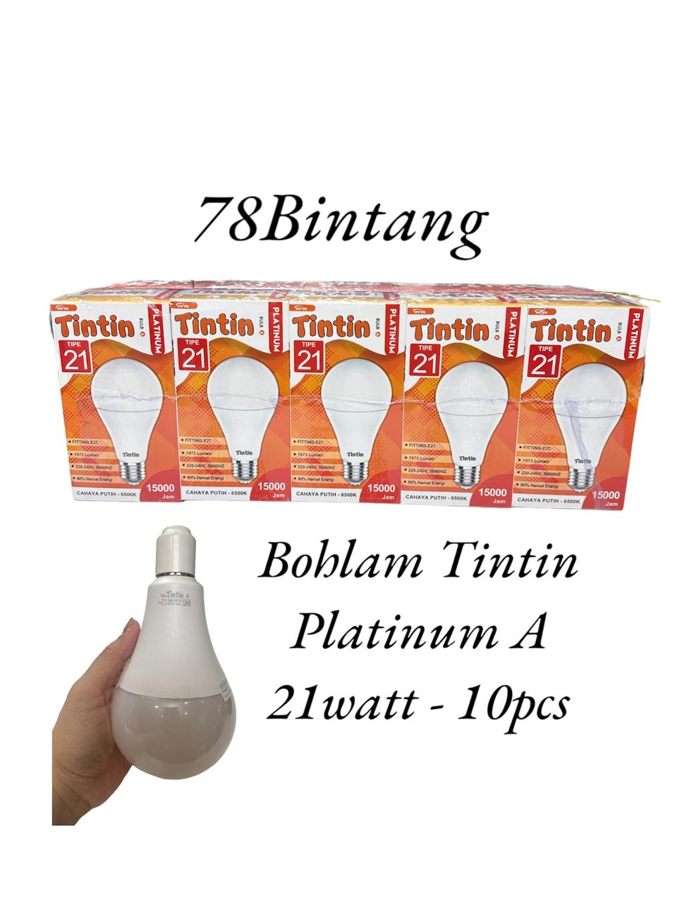 78Bintang Bohlam Lampu TinTin Platinum A 21W 10Pcs - Bohlam Lampu TinTin 21W - Lampu LED 21Watt - Bohlam Lampu LED - Lampu - Lampu LED - Bohlam LED - Putih - 10Pcs Harga  126,800 rupiah*Gratis Ongkir