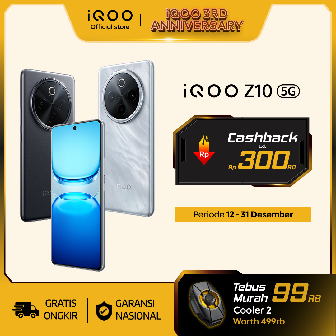 vivo iQOO Z10, 7300mAh + 90Watt, Snapdragon 7s Gen 3, AnTuTu 822,705, 120Hz Quad-Curved AMOLED, 50MP Sony IMX + OIS, NFC Harga 3,399,000 rupiah*Gratis Ongkir