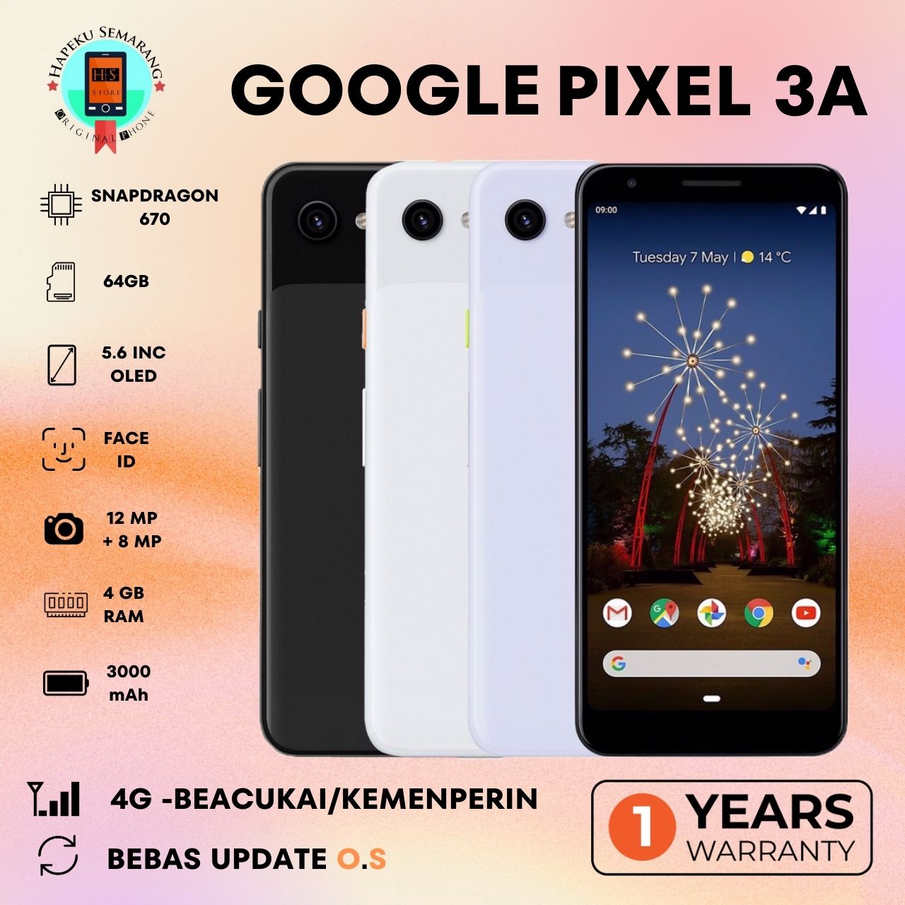 ☆動作確認済☆Google Pixel 3a Just Black USB-C TypeC 64GB 4GB SIM