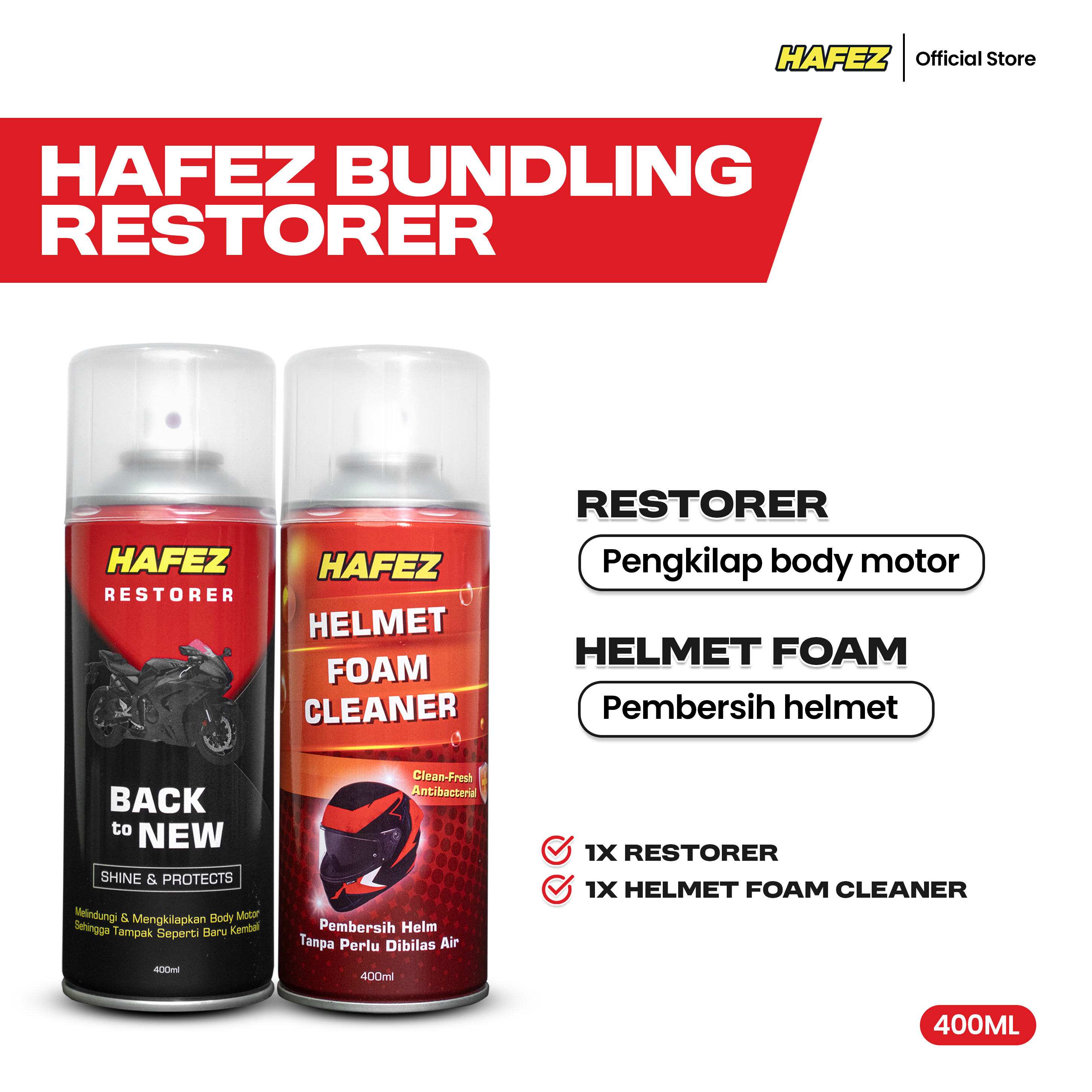 HAFEZ BUNDLING 1 RESTORER & 1 HELMET FOAM Pengkilap dan Penghitam Body Motor Kendaraan Harga 99,000 rupiah*Gratis Ongkir