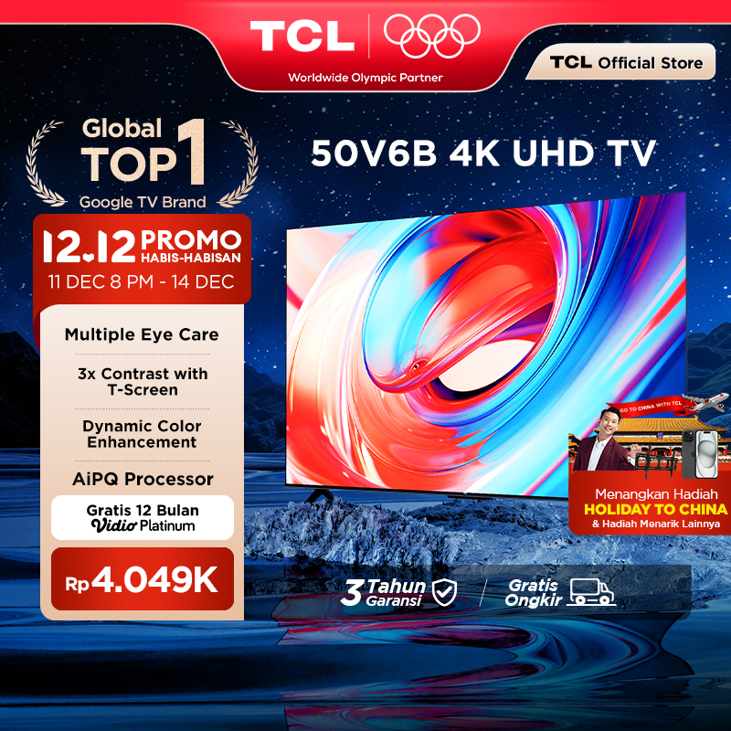 TCL 50 Inch V6B 4K Google TV - Smart UHD - T-Screen - Dolby Audio - HDR10 - AiPQ Processor - Dynamic Color Enhancement - Metalic Bezel-less - Multiple Eye Care - V6B Series (Model: 50V6B) - Merek TCL Harga 3,999,000 rupiah*Gratis Ongkir