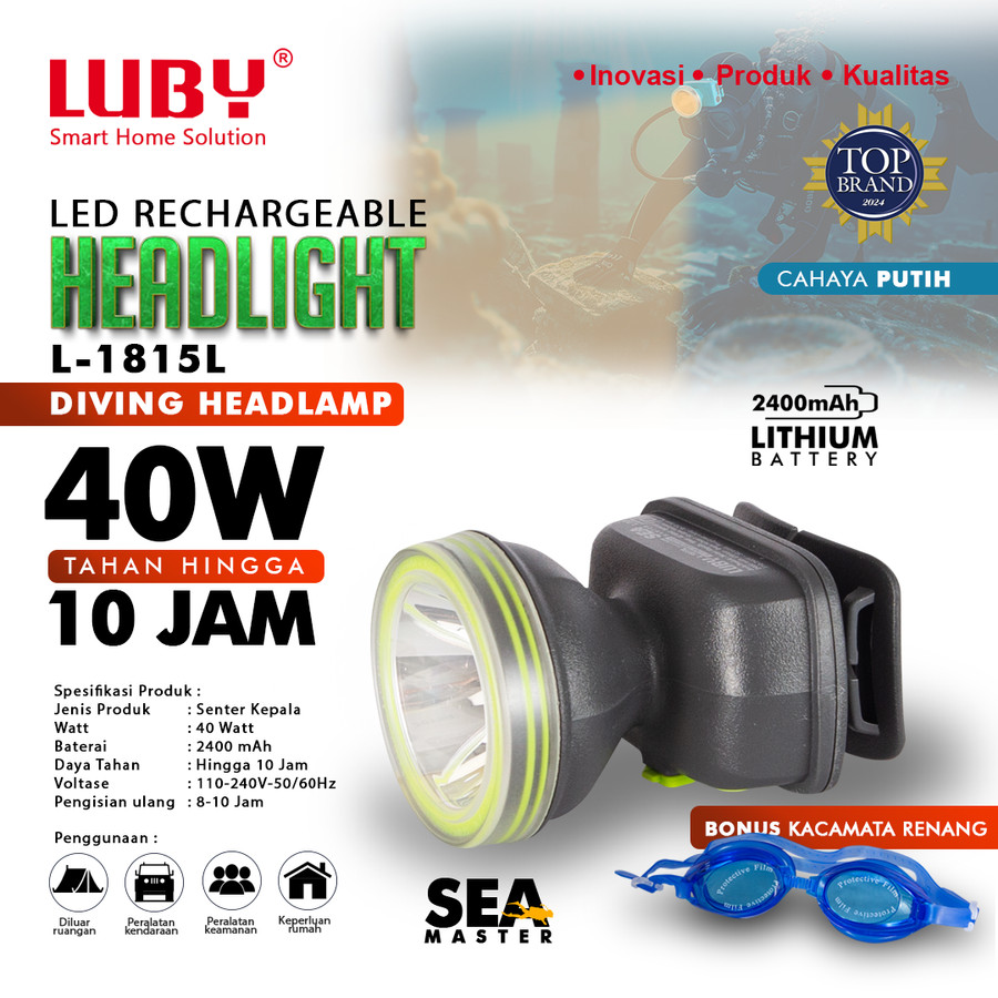 Luby Senter Kepala Selam Diving Headlamp L-1815K 40Watt Cahaya KUNING  Rechargeable Tahan 10 Jam Cahaya Kuning Dan Putih Aksesoris Selam Lengkap -  Lazada | Lazada Indonesia