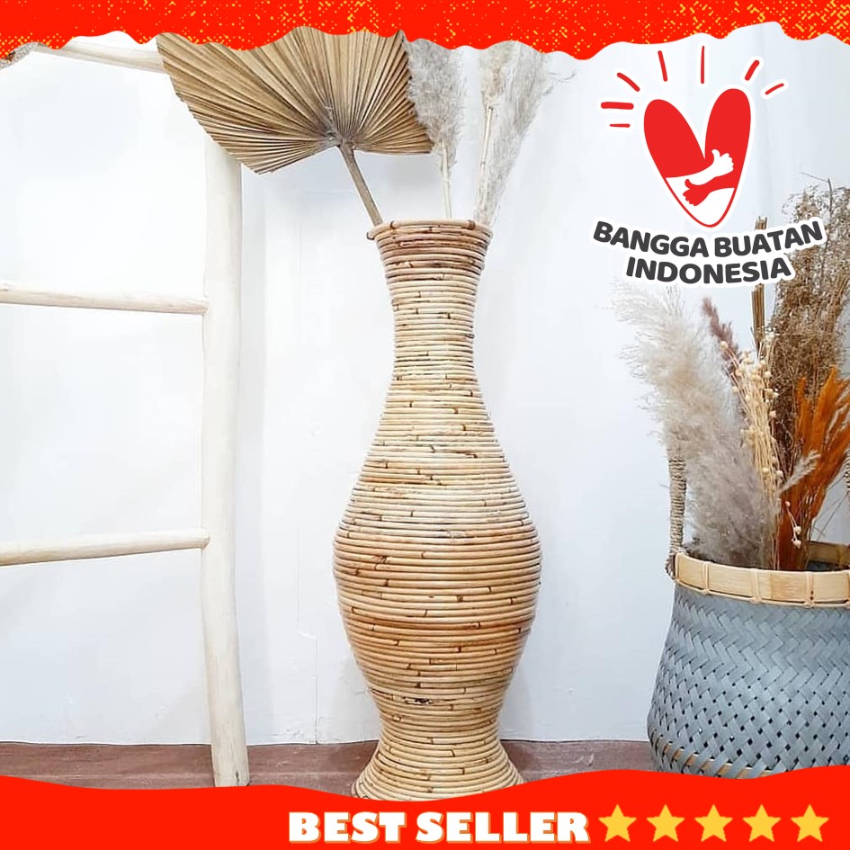 Guci Vas Bunga Untuk Hiasan Dekorasi Ruang Tamu Bahan Rotan Alami Natural 70CM dan 50CM