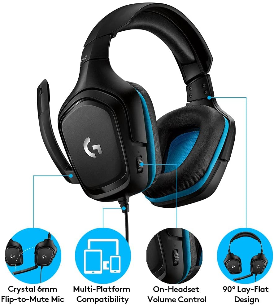 Logitech G432 Wired Gaming Headset, 7.1 Surround Sound, DTS Headphone:X  2.0, Flip-to-Mute Mic, PC (Leatherette) Black/Blue | Lazada Indonesia