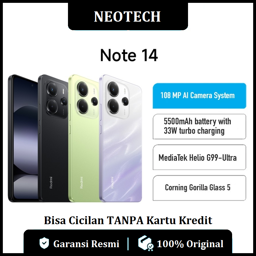Xiaomi Redmi Note 14 (8GB+ 128GB/256GB) Garansi Resmi - MediaTek Helio G99 Ultra, 108 MP AI camera system, 5500mAh 33W Turbo Charging - Bisa Cicilan Tanpa Kartu Kredit - HP Murah ( Kredivo, Laz Pay Later, Bisa COD, OVO, Original ) Harga  2,395,000 Ringgit*Penghantaran Percuma