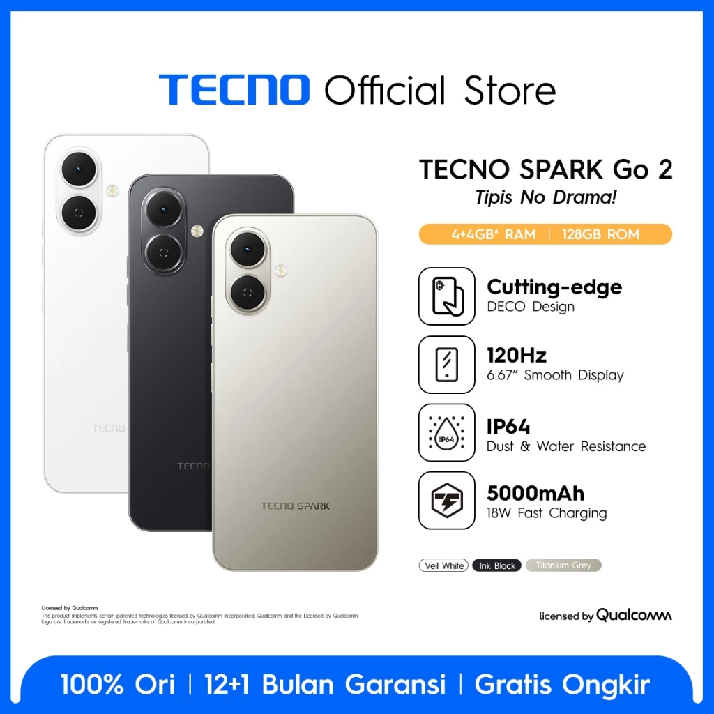 Tecno spark go 2 Ram 3/64GB & 4/64GB & 4/128GB (official warranty) Giá 1,070,000 Đồng*Miễn phí vận chuyển