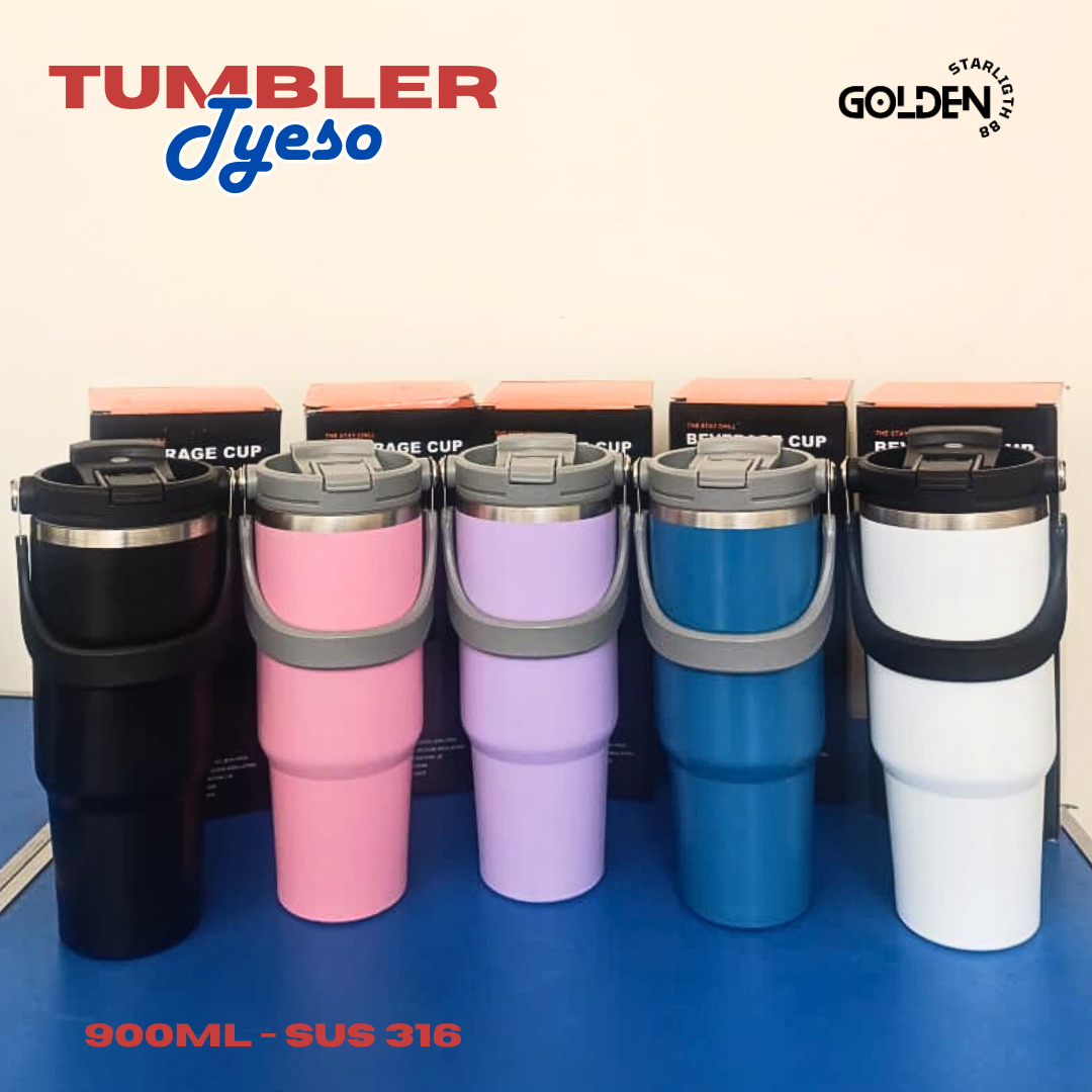 Tumbler tyiso 900ml stainless steel sus 316 plain with handle & straws plain durable hot water cold cu…