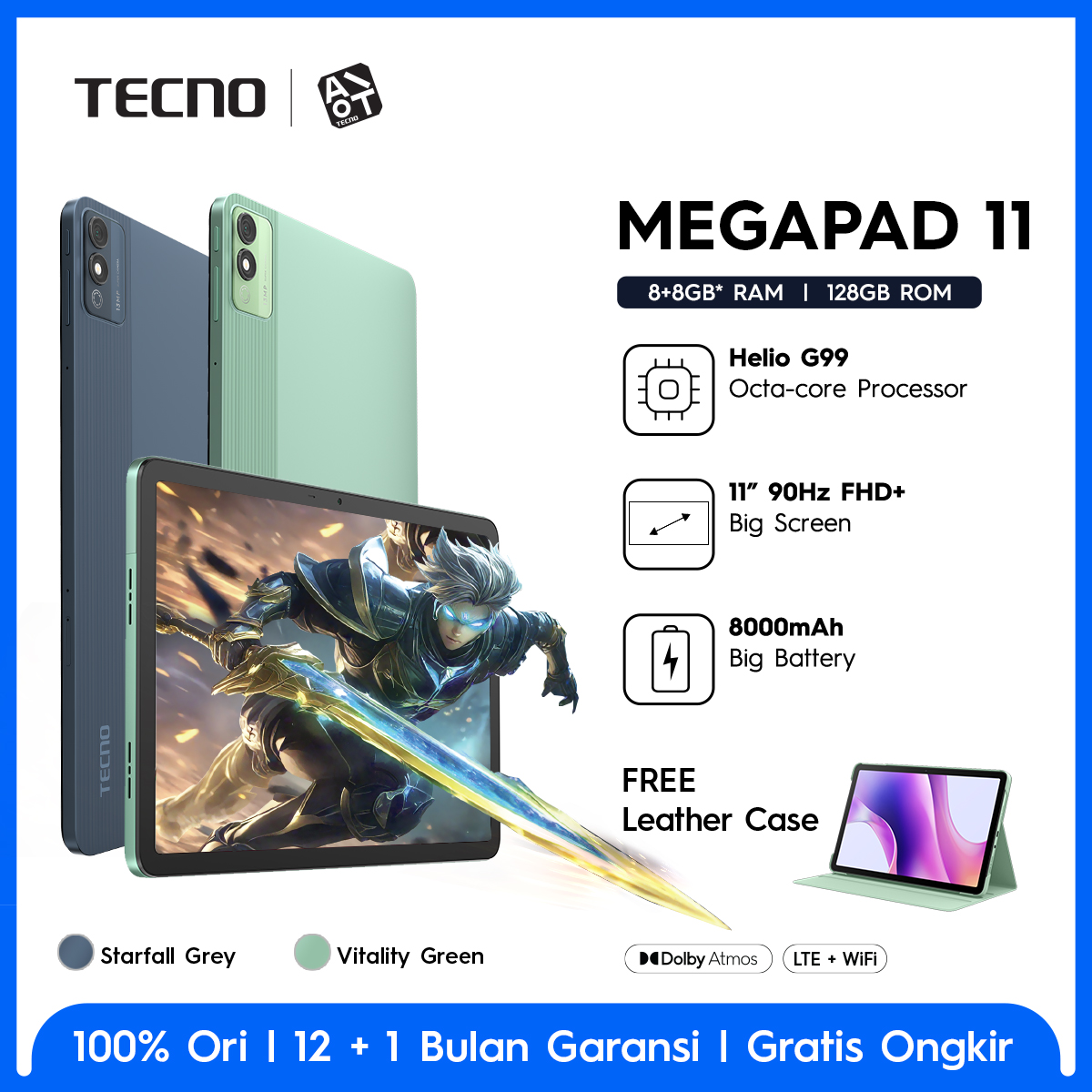 TECNO MEGAPAD 11 8+8GB*128GB, 11inch Ultra Screen with Eye Care Mode, Sim Card + T-Flash, 8000mAh, 18W Fast Charging, MediaTek Helio G99, Android 14 Harga  2,499,000 Ringgit*Penghantaran Percuma