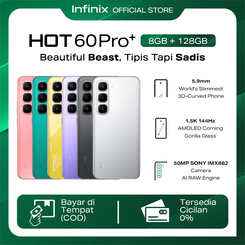 Infinix Hot 60 Pro+ 8/128GB - Up to 16GB Extended RAM - Helio G200 - 6.78 inch 144Hz AMOLED - 50MP - 5160 mAh - NFC Harga 2,389,000 rupiah*Gratis Ongkir