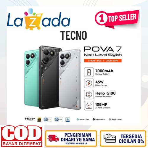 Tecno Pova 7 8/128GB 8/256GB black silver 7000mAh + 45W | MediaTek Helio G100 ultimate | 120Hz vivid display | 108mp + 2MP macro camera | Android 15 - 8/128GB - Merek Tecno Harga 1,785,600 rupiah*Gratis Ongkir