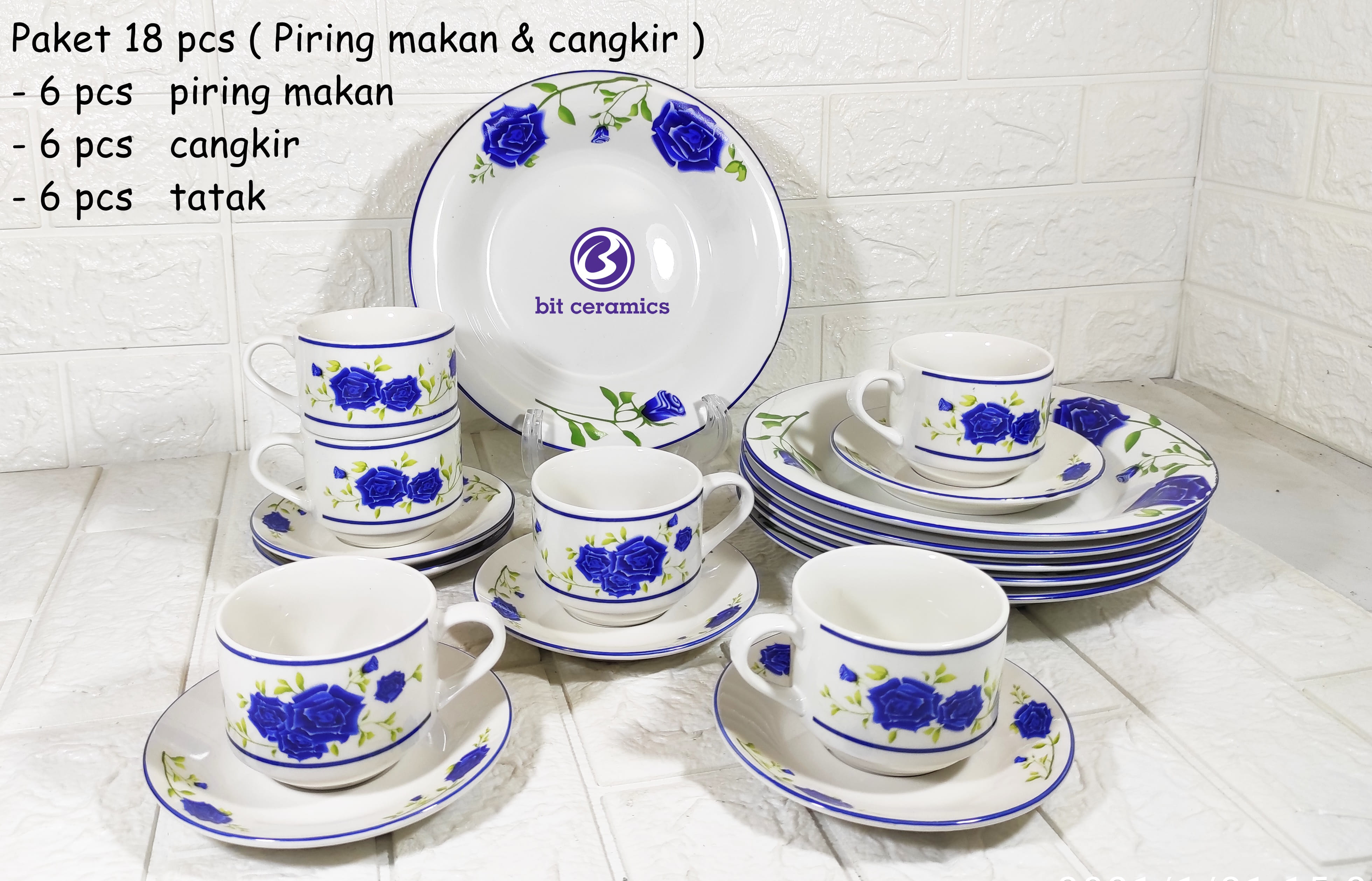 Piring Makan & Cangkir Set Keramik Motif Rose 18Pcs Banyak Varian Motif