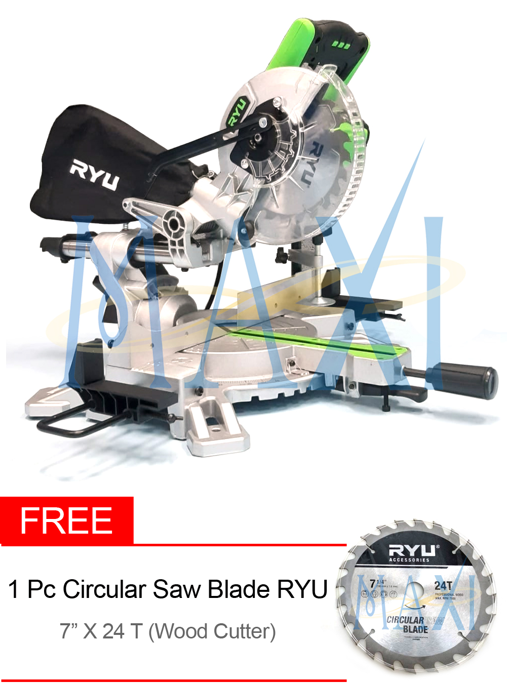 Mesin Potong Kayu / Alumunium Sliding Type - Mitter Saw 7 inch / 180 mm Tipe Sliding - FREE!!! 1 Pc Circular Saw Blade (Wood Cutter) - Tekiro Ryu RMS 180-1 - MAXITOOLS Harga  1,645,000 rupiah*Gratis Ongkir