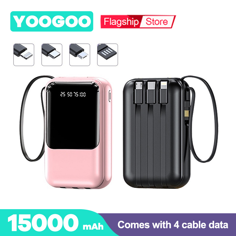 YOOGOO 15000mAh Powerbank With 4 Mobile Charging Cables Portable Charger With Led Display External Battery Sup