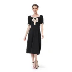 Hamlin Rachel Long Dress Wanita Lengan Pendek Model A-line Pita Dada Material Sutra ORIGINAL - Black