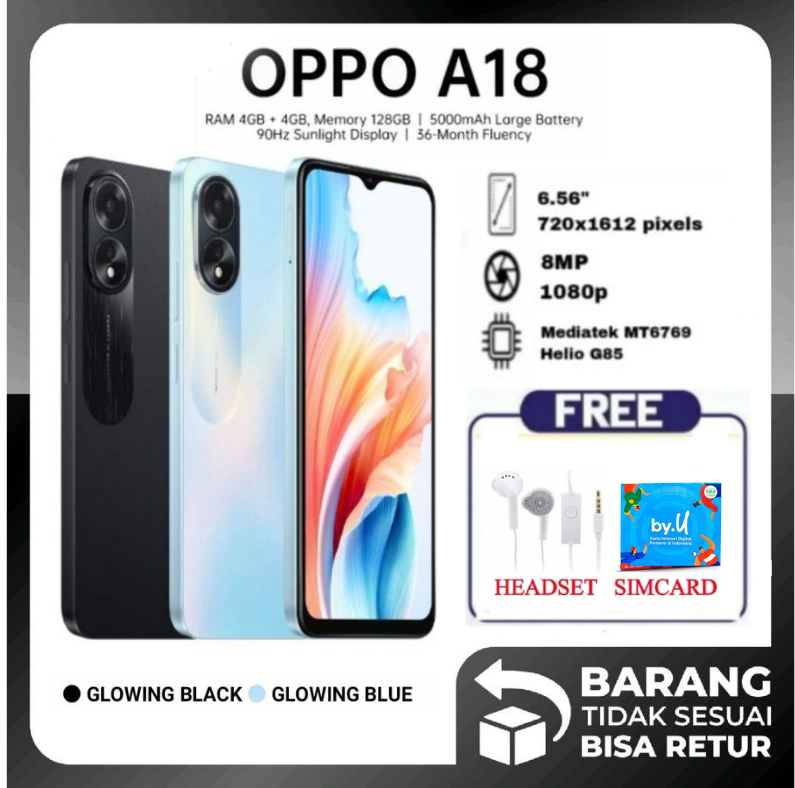 HP OPPO A18 4/128 GB - OPPO A 18 RAM 4GB ROM 128 GB GARANSI - Glowing Blue Harga  1,180,000 Ringgit*Penghantaran Percuma