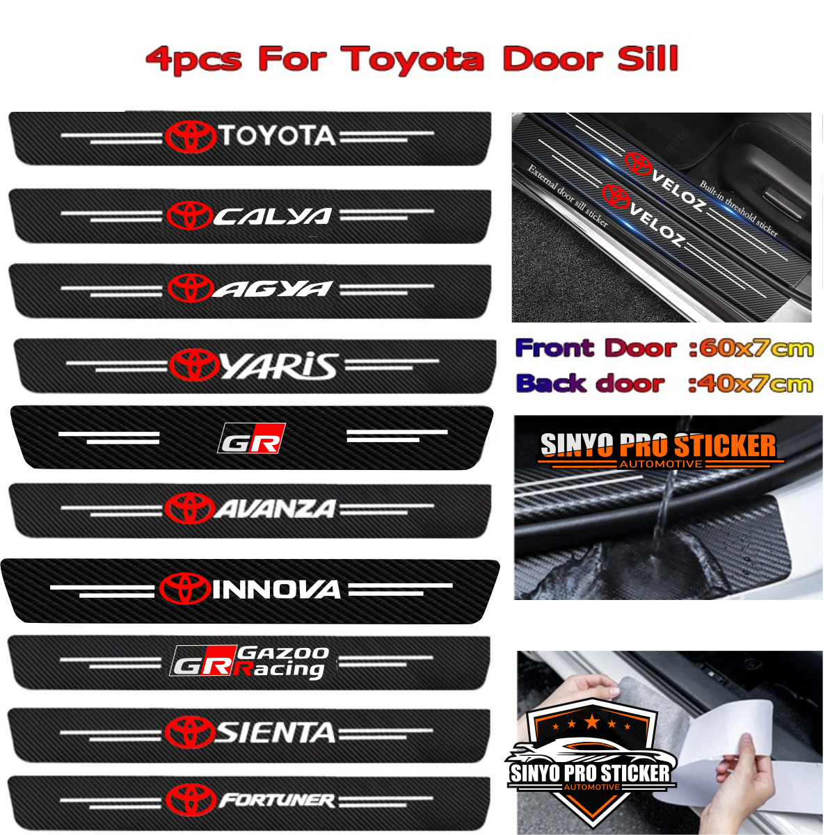 Toyota Sillplate Toyota Avanza Rush Raize Fortuner Yaris Veloz Agya Innova Calya Sienta Vios Alpard Hilux Collora stiker sticker carbon 3d Pengaman Pintu Mobil toyota Harga 18,000 rupiah*Gratis Ongkir
