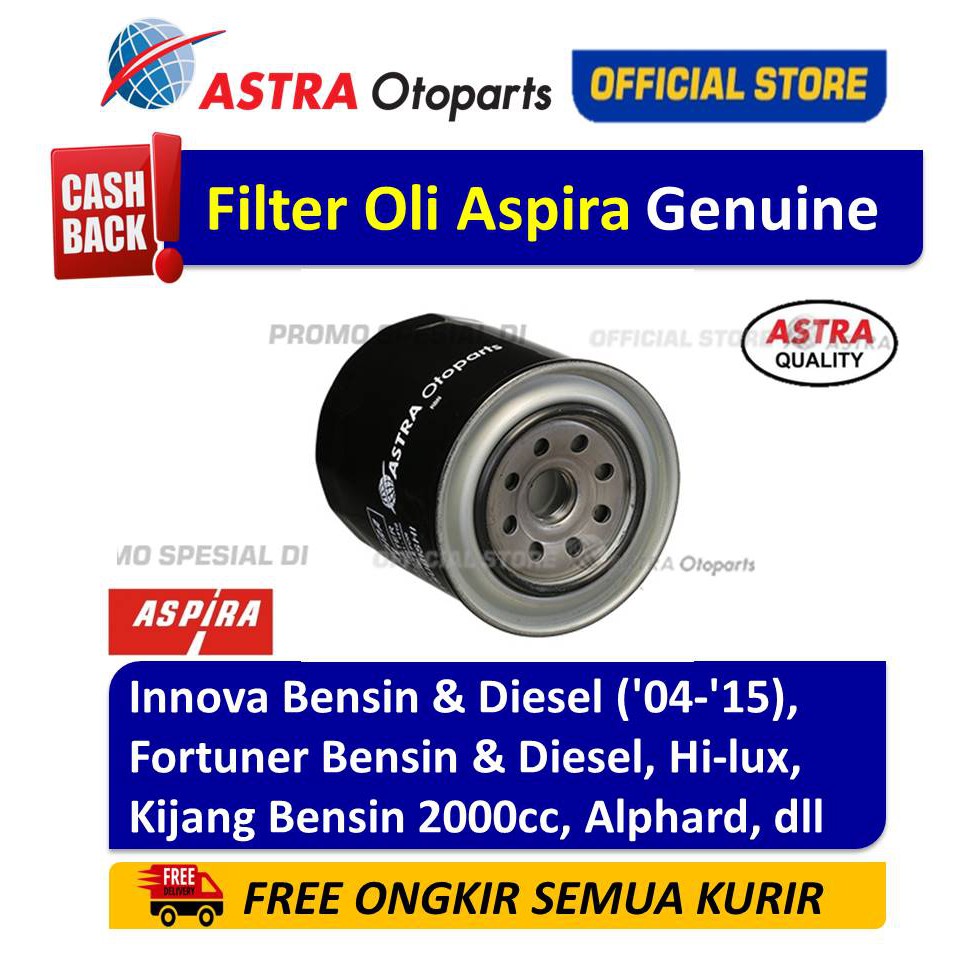 Filter Oli/ Oil Filter Aspira INNOVA BENSIN & DIESEL ('04-'15) , KIJANG BENSIN 2000 CC , dll Giá 38,000 Đồng*Miễn phí vận chuyển