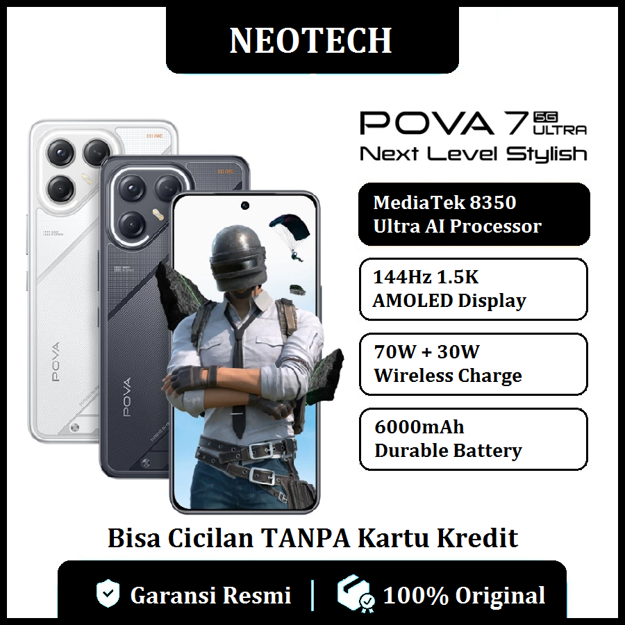 TECNO POVA 7 Ultra 5G (12GB/256GB) 6000mAh, Mediatek D8350 Ultimate, 144Hz 1.5K AMOLED Display, 108MP + 8 MP Ultra Wide - Bisa Cicilan Tanpa Kartu Kredit - Garansi Resmi 1 Tahun - HP Murah ( Kredivo, Laz Pay Later, Bisa COD, OVO, Original ) Harga 5,099,000 rupiah*Gratis Ongkir