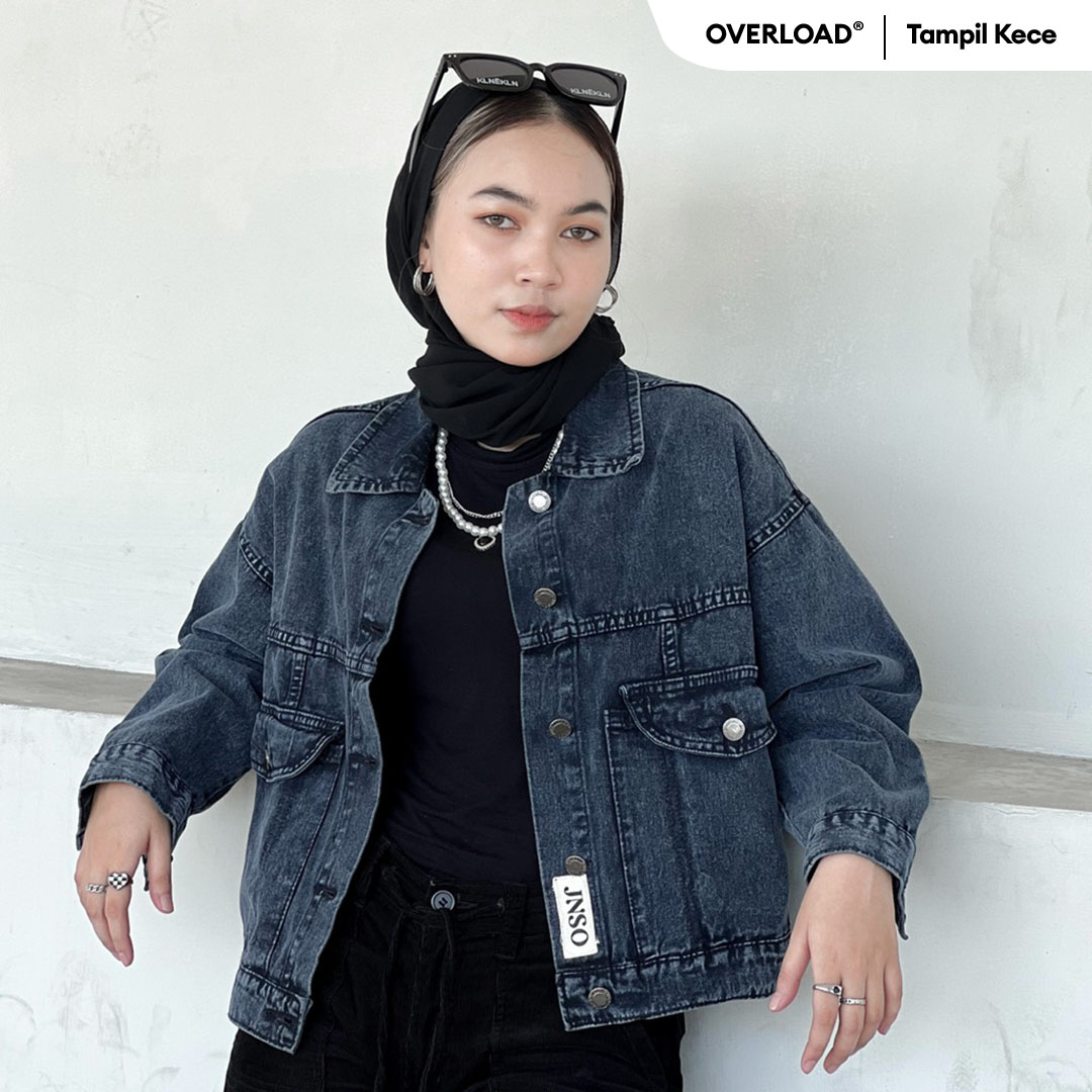 JINISO Jaket Crop Jeans Oversize Vintage Pocket Black Acid Harga 206,500 rupiah*Gratis Ongkir