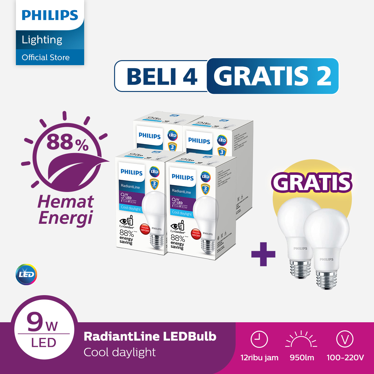 Philips lamp buy 4 get 2 free 2 light radiantline ledbulb 9W White Harga 115,640 rupiah*Gratis Ongkir