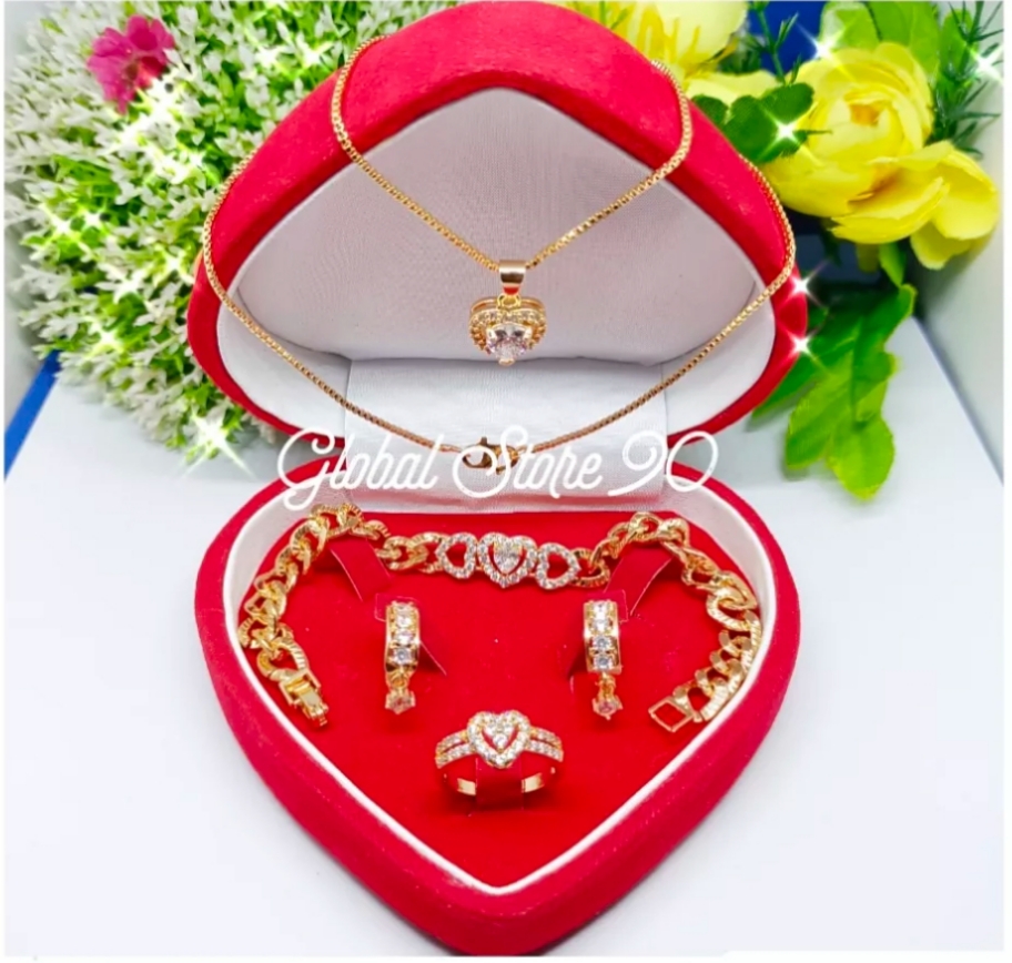 Set Perhiasan Motif Love Permata Terlengkap Titanium Gold Anti Luntur