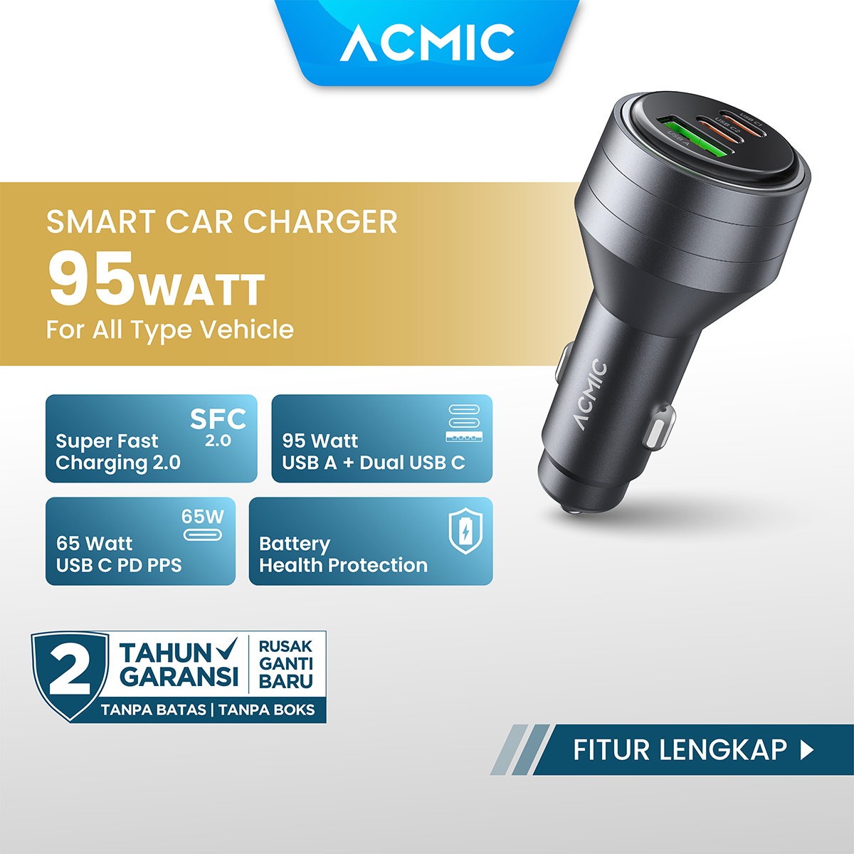 Acmic cc95 pro 95W USB A + Dual USB type C car charger PD PPS super fast charging 2.0 Harga 177,210 rupiah*Gratis Ongkir