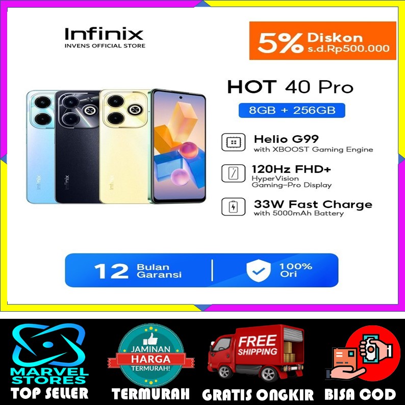 Infinix Hot 40 Pro smartphone 8GB/256GB - 120Hz FHD + Display - Helio G99-fast charge 5000mAh-12 months warranty Harga  1,988,500 Ringgit*Penghantaran Percuma