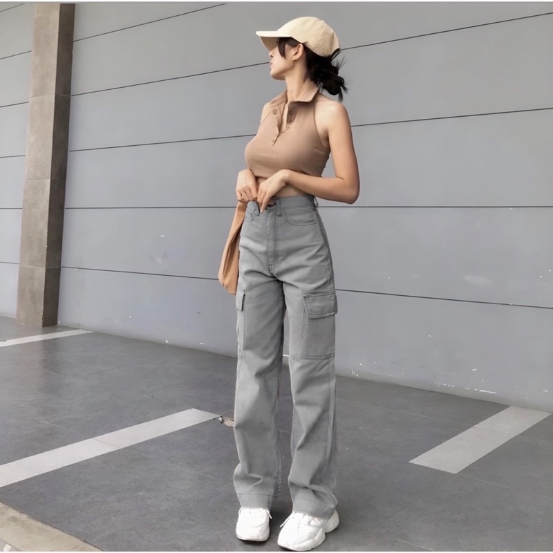 Nadia Celana Cargo Jeans Haighwaist Wanita Panjang korean Style