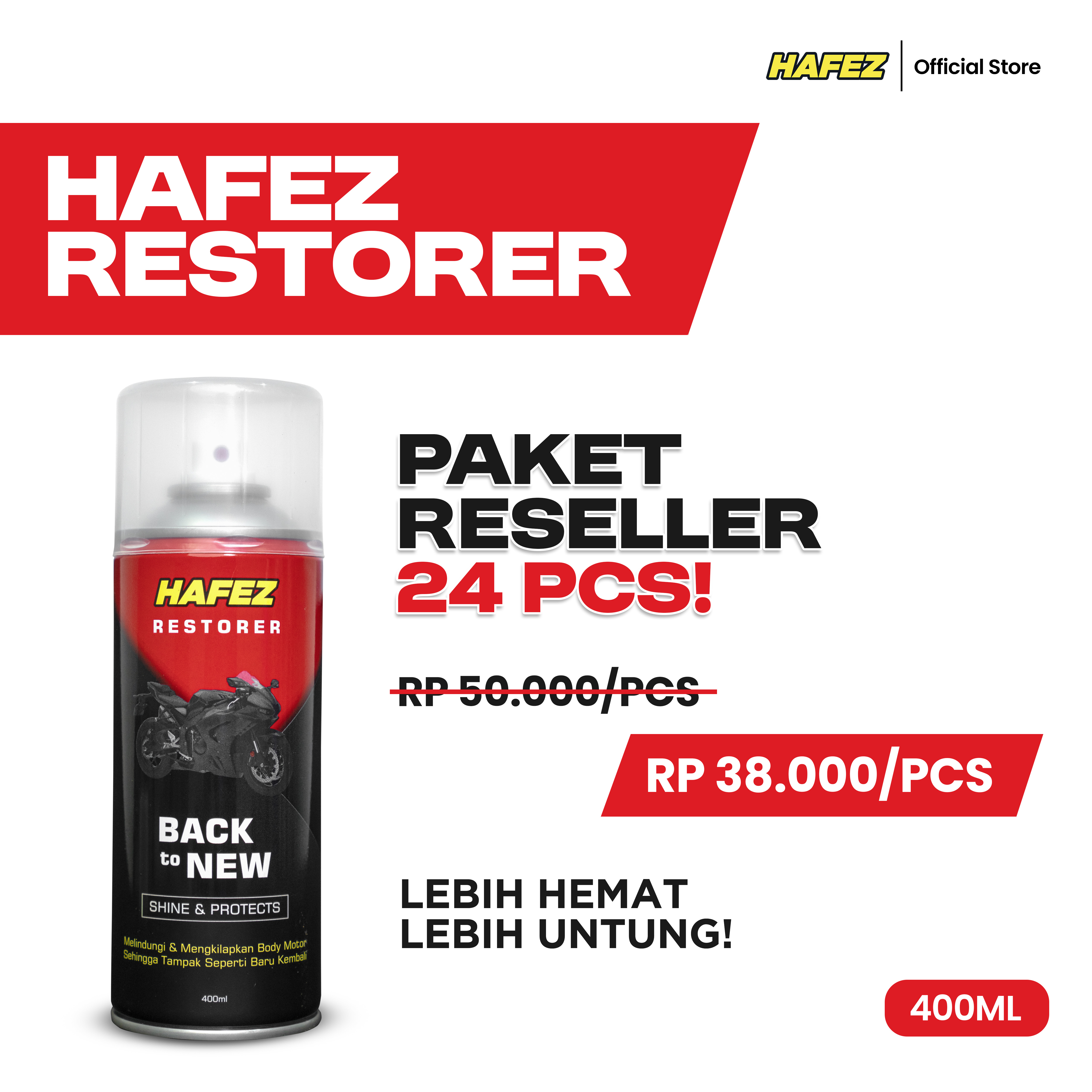 HAFEZ Paket Reseller 24 RESTORER Pengkilap dan Penghitam Body Motor Kendaraan Harga 912,000 rupiah*Gratis Ongkir