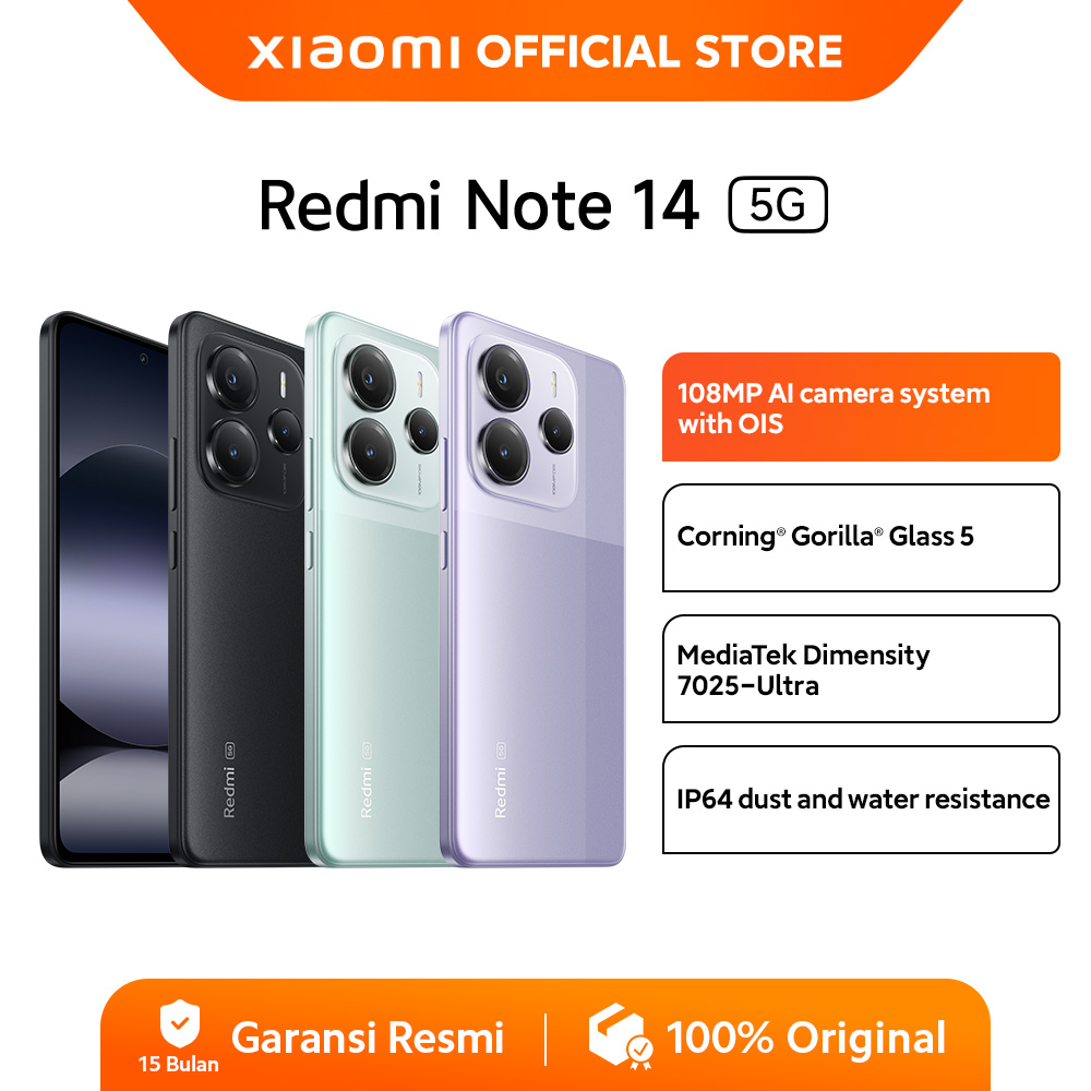 Xiaomi Redmi Note 14 5g | 108Mp Ai Camera System with Ois | Mediatek Dimensity 7025-Ultra | Corning ® Gorilla ® Glass 5 | Ip64 Dust and Water Resistant [Official Store] Harga  3,198,000 Ringgit*Penghantaran Percuma