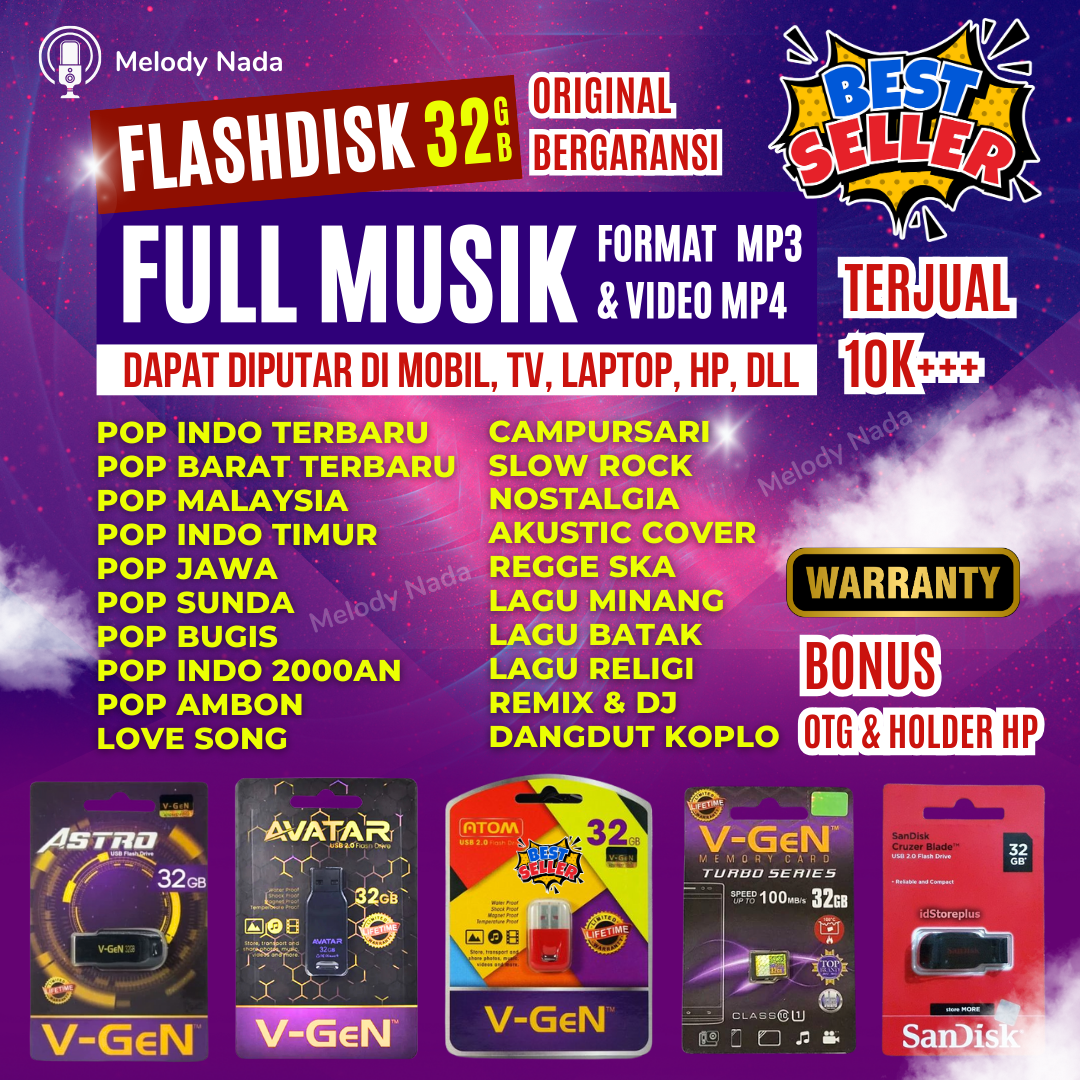 Flashdisk Lagu Mobil ,TV & Handphone 32Gb Lagu 1000+ Mp3&Mp4 Bonus OTG dan Holder HP Harga  99,000 rupiah*Gratis Ongkir