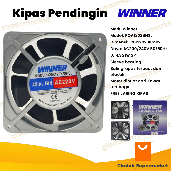 Kipas Pendingin Winner 12cm Cooling Fan AC 220v 12 x 12 x 3 cm Sleeve Bearing Kawat Tembaga Harga  75,359 rupiah*Gratis Ongkir