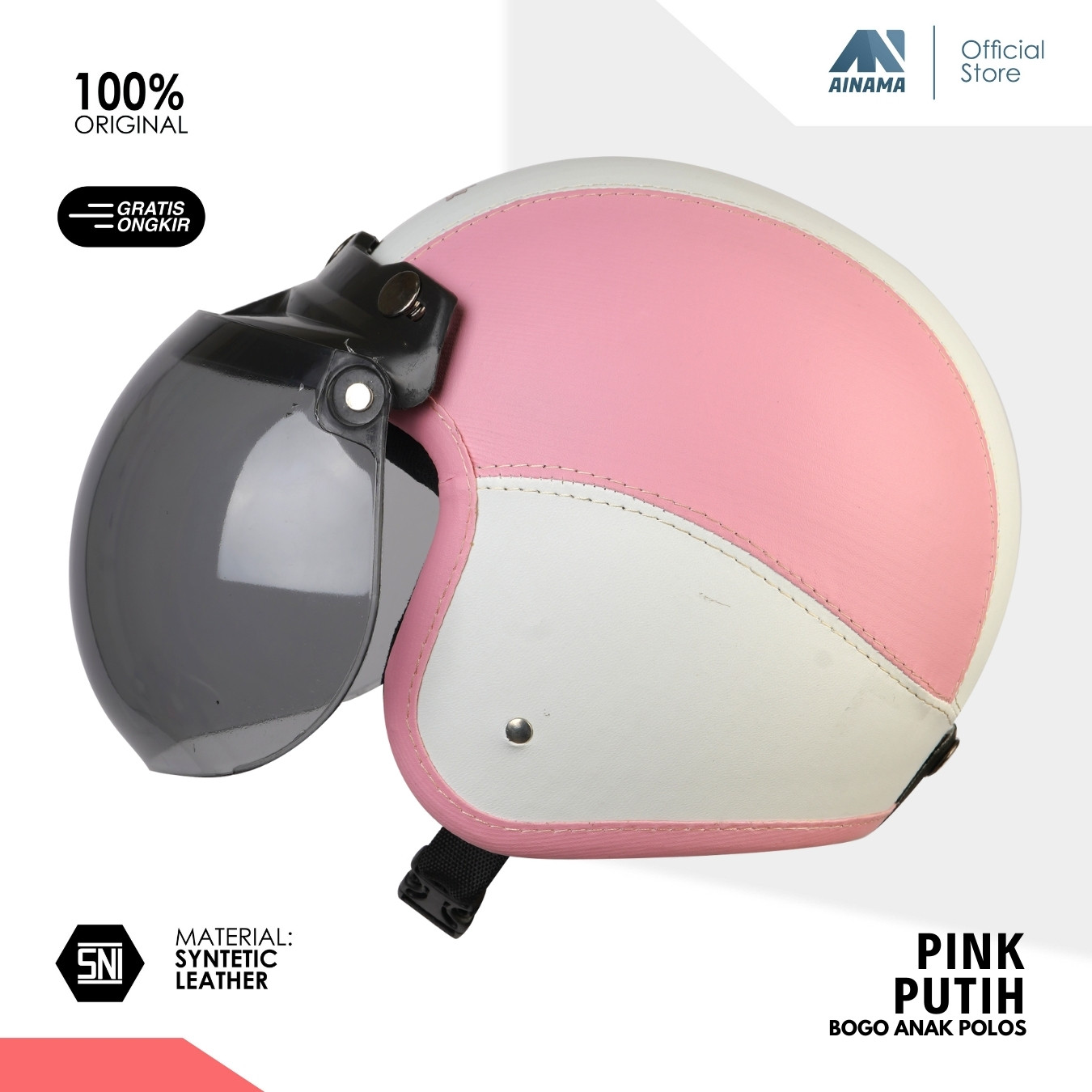 Helm Bogo Anak Ainama Retro Kids Klasik helem Standar Polos PINK PEACH PUTIH Harga 64,999 rupiah*Gratis Ongkir