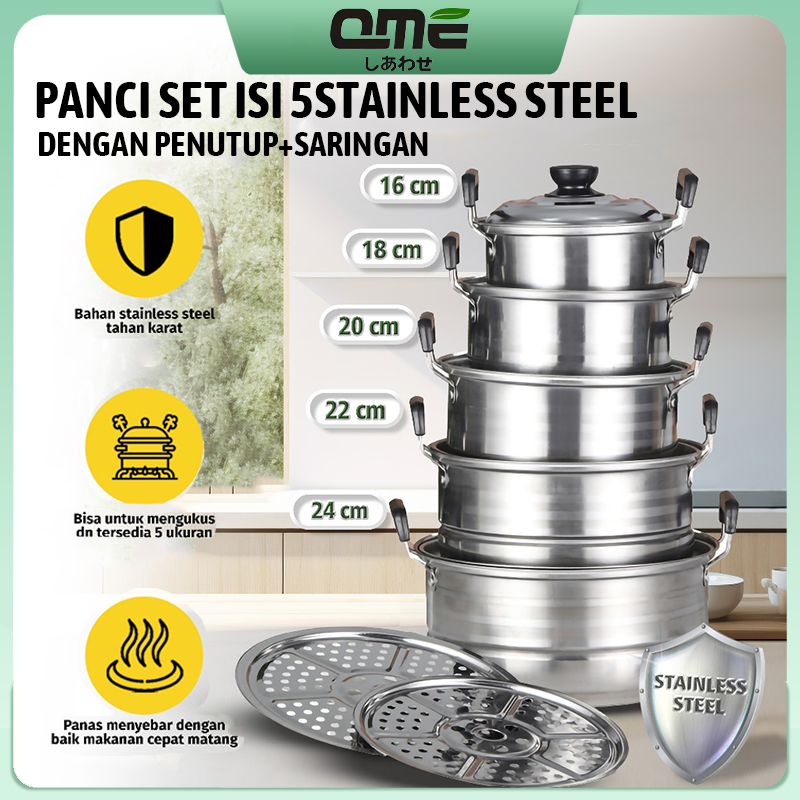 Qme 12in1 Stainless Steel Steamer Pot Set Contains 5 Pcs + 2 Pcs Steamer Pans Premium Thick Material